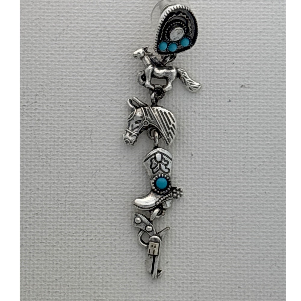 Earrings Silver Tone Turquoise Western Horse Boot Pistol Post Dangle New - Picture 3 of 4